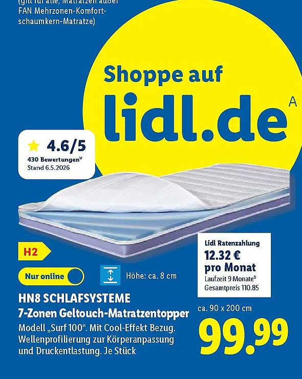 HN8 SCHLAFSYSTEME 7-Zonen GelTouch-Matratzentopper Modell „Surf 100“