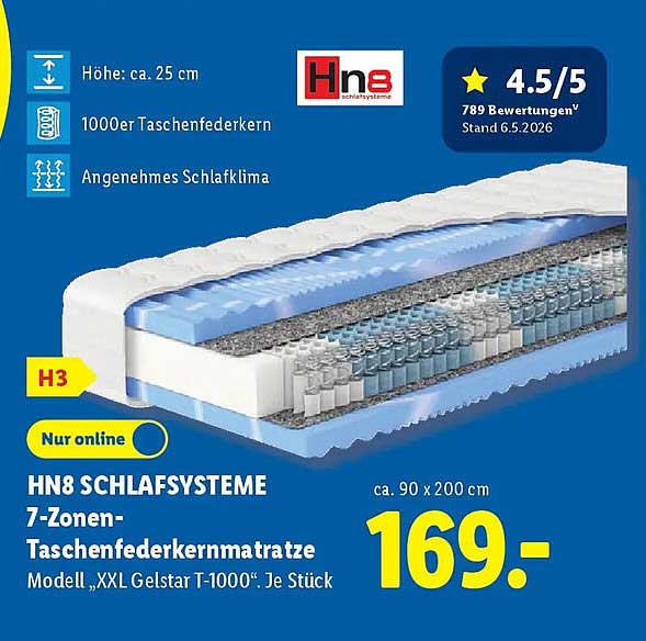 HN8 SCHLAFSYSTEME 7-Zonen-Taschenfederkernmatratze Modell „XXL Gelstar T-1000“. Je Stück