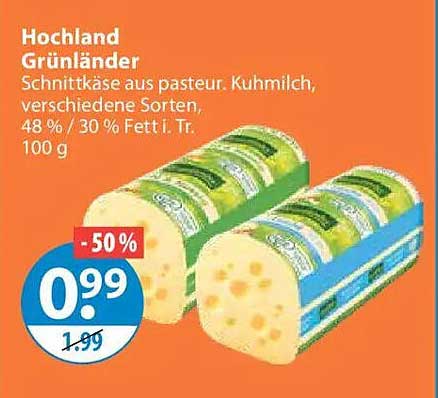 Hochland Grünländer Schnittkäse aus pasteur. Kuhmilch, verschiedene Sorten, 48 % / 30 % Fett i. Tr. 100 g