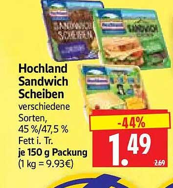 Hochland Sandwich Scheiben verschiedene Sorten, 45 %/47,5 % Fett i. Tr. je 150 g Packung (1 kg = 9.93€)
