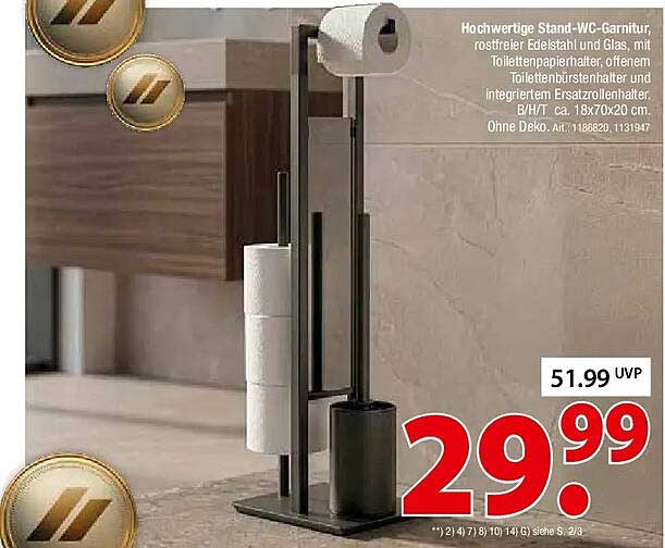 Hochwertige Stand-WC-Garnitur, rostfreier Edelstahl und Glas, mit Toilettenpapierhalter, offenem Toilettenbürstenhalter und integriertem Ersatzrollenhalter. B/H/T ca. 18x70x20 cm. Ohne Deko. Art.: 1186820, 1131947