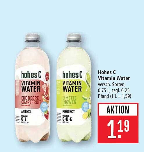 Hohes C Vitamin Water versch. Sorten, 0,75 L, zzgl. 0,25 Pfand (1 L = 1,59)