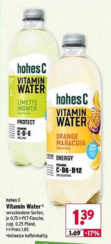 hohes C Vitamin Water¹) verschiedene Sorten, je 0,75-l-PET-Flasche, zzgl. 0.25 Pfand, 1-l-Preis 1.85 / teilweise koffeinhaltig