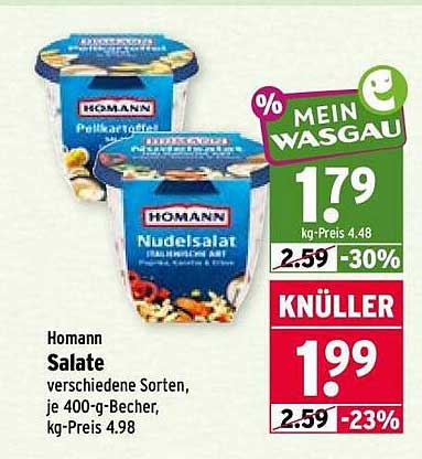 Homann Salate verschiedene Sorten, je 400-g-Becher, kg-Preis 4.98