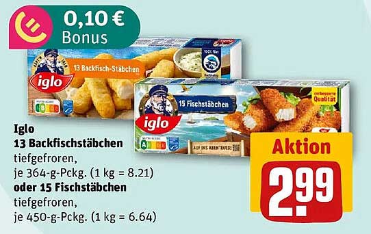 Iglo 13 Backfisch-Stäbchen tiefgefroren, je 364-g-Packg. (1 kg = 8.21) oder 15 Fischstäbchen tiefgefroren, je 450-g-Packg. (1 kg = 6.64)