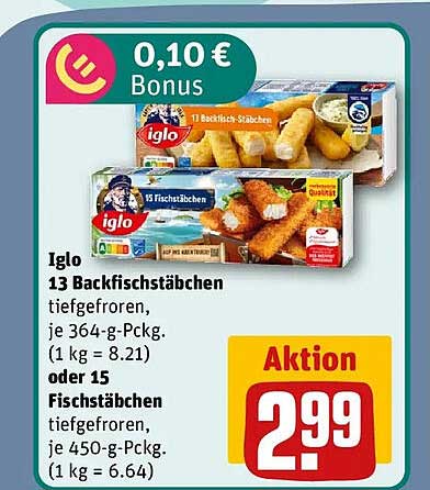 Iglo 13 Backfischstäbchen tiefgefroren, je 364-g-Pckg. (1 kg = 8.21) oder 15 Fischstäbchen tiefgefroren, je 450-g-Pckg. (1 kg = 6.64)