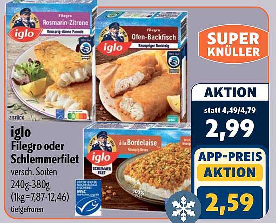 iglo Filegro oder Schlemmerfilet versch. Sorten 240g-380g (1kg=7,87-12,46) tiefgefroren