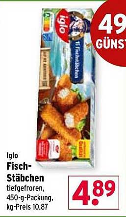 Iglo Fisch-Stäbchen tiefgefroren, 450-g-Packung, kg-Preis 10.87