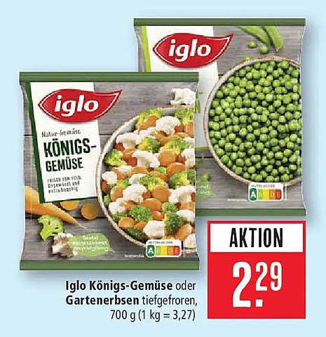 Iglo Königs-Gemüse oder Gartenerbsen tiefgefroren, 700 g (1 kg = 3,27)