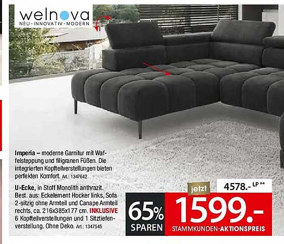 Imperia – moderne Garnitur mit Waf-felsteppung und filigranen Füßen. Die integrierten Kopfteilverstellungen bieten perfekten Komfort.