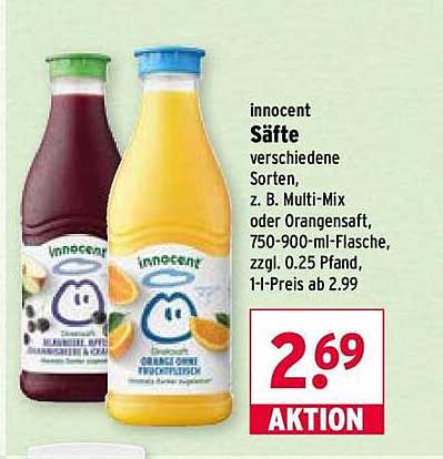 innocent Säfte verschiedene Sorten, z. B. Multi-Mix oder Orangensaft, 750-900-ml-Flasche, zzgl. 0,25 Pfand, 1-l-Preis ab 2.99