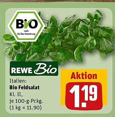 Italien: Bio Feldsalat Kl. II, je 100-g-Pckg. (1 kg = 11.90)