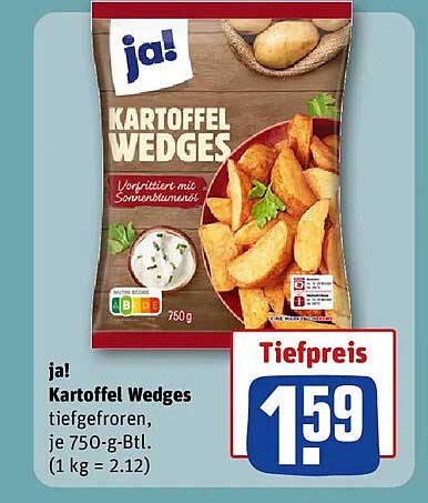 ja! Kartoffel Wedges tiefgefroren, je 750-g-Btl. (1 kg = 2.12)
