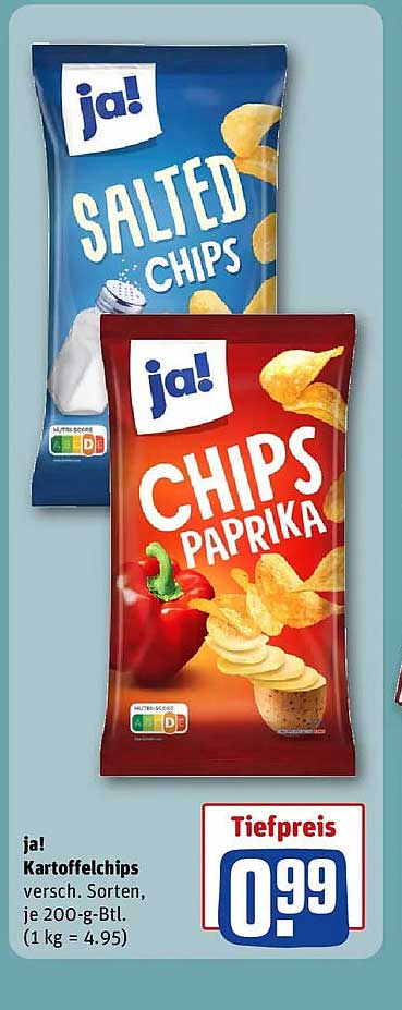ja! Kartoffelchips versch. Sorten, je 200-g-Btl. (1 kg = 4.95)