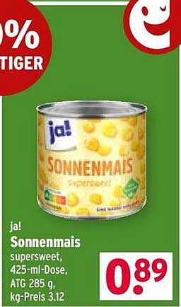 ja! Sonnenmais supersweet, 425-ml-Dose, ATG 285 g, kg-Preis 3.12