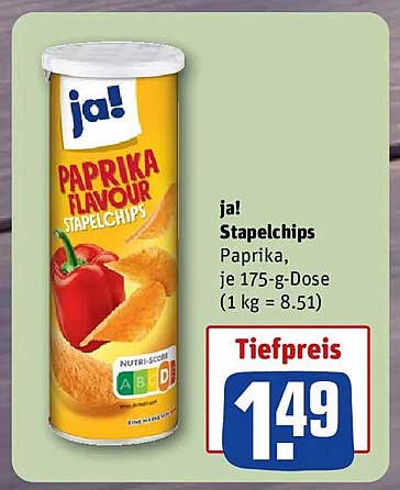 ja! Stapelchips Paprika, je 175-g-Dose (1 kg = 8.51)