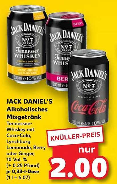 JACK DANIEL'S Alkoholisches Mixgetränk Tennessee-Whiskey mit Coca-Cola, Lynchburg Lemonade, Berry oder Ginger 10 Vol. % (+ 0.25 Pfand) je 0,33-l-Dose