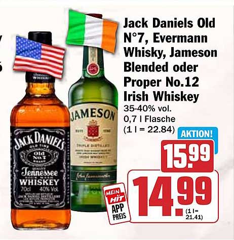 Jack Daniels Old N°7, Evermann Whisky, Jameson Blended oder Proper No.12 Irish Whiskey