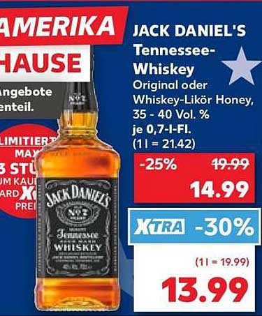 JACK DANIEL'S Tennessee-Whiskey Original oder Whiskey-Likör Honey, 35 - 40 Vol. % je 0,7-l-Fl.