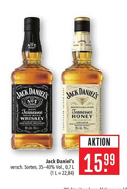 Jack Daniel’s versch. Sorten, 35–40% Vol., 0,7 l (1 l = 22,84)