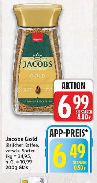 Jacobs Gold löslicher Kaffee, versch. Sorten 1kg = 34,95, 200g Glas