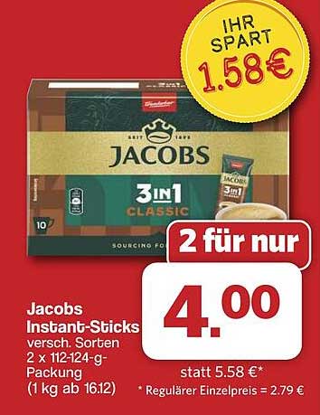 Jacobs Instant-Sticks versch. Sorten 2 x 112-124-g-Packung (1 kg ab 16.12)