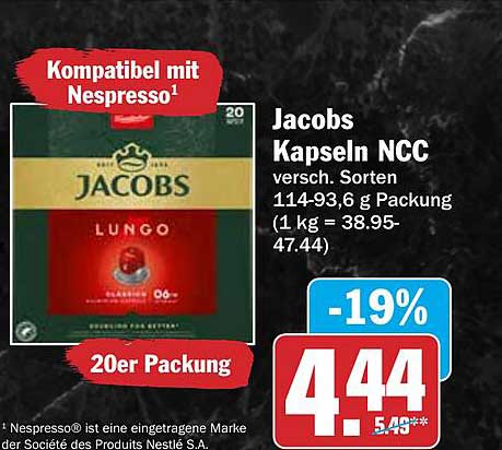 Jacobs Kapseln NCC versch. Sorten 114-93,6 g Packung (1 kg = 38.95-47.44)
