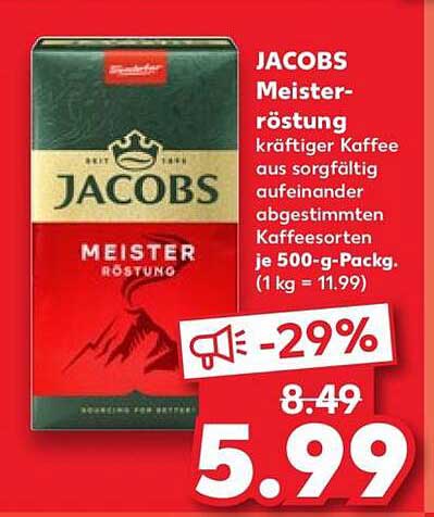 JACOBS Meisterröstung kräftiger Kaffee aus sorgfältig aufeinander abgestimmten Kaffeesorten je 500-g-Packg. (1 kg = 11.99)