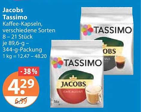 Jacobs Tassimo Kaffee-Kapseln, verschiedene Sorten 8 – 21 Stück je 89,6-g-344-g-Packung 1 kg = 12.47 – 48.20