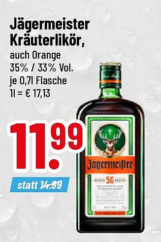 Jägermeister Kräuterlikör, auch Orange 35% / 33% Vol. je 0,7 l Flasche 1l = € 17,13