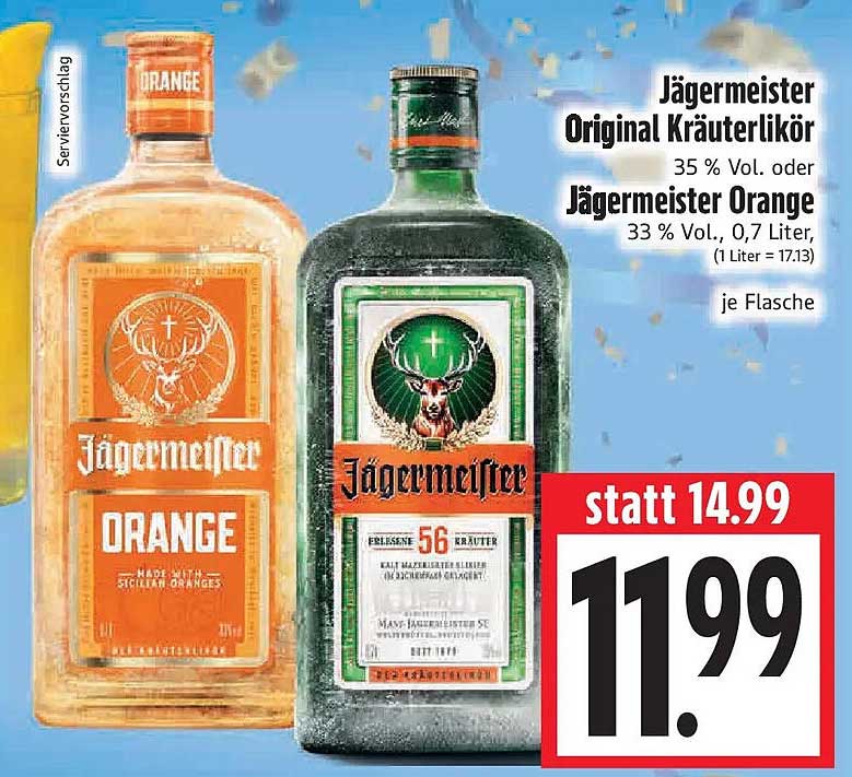 Jägermeister Original Kräuterlikör 35 % Vol. oder Jägermeister Orange 33 % Vol., 0,7 Liter