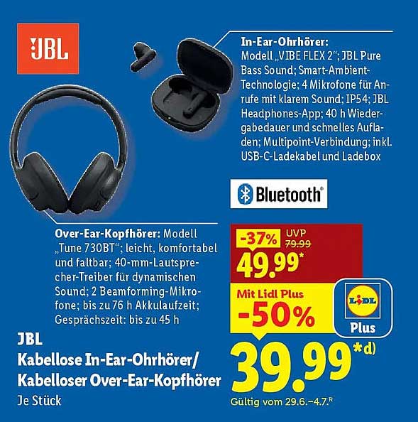JBL Kabellose In-Ear-Ohrhörer/ Kabelloser Over-Ear-Kopfhörer