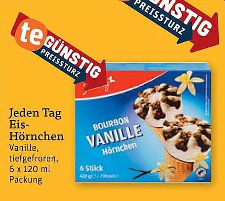 Jeden Tag Eis-Hörnchen Vanille, tiefgefroren, 6 x 120 ml Packung