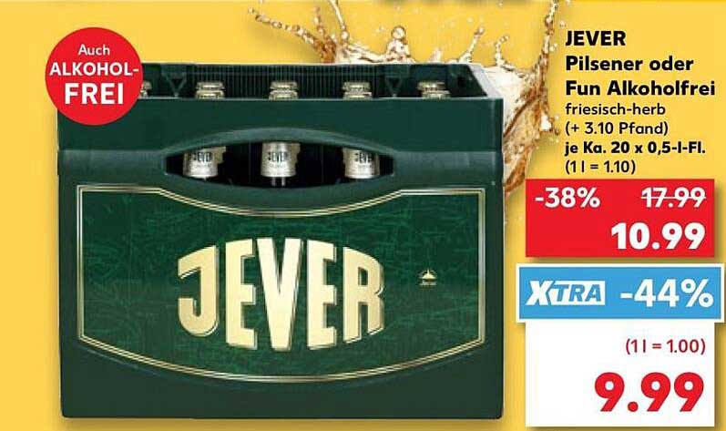 JEVER Pilsener oder Fun Alkoholfrei friesisch-herb (+ 3.10 Pfand) je Ka. 20 x 0,5-l-Fl. (1 l = 1.10)