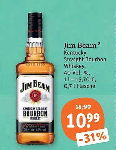 Jim Beam² Kentucky Straight Bourbon Whiskey, 40 Vol.-%, 1 l = 15,70 €, 0,7 l Flasche