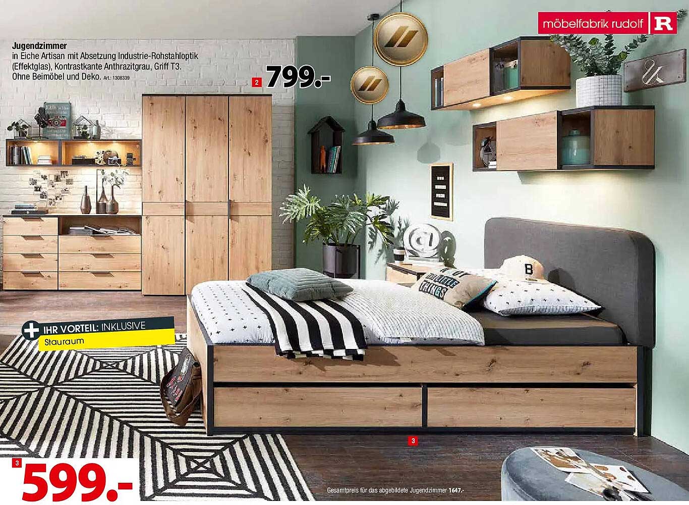 Jugendzimmer in Eiche Artisan mit Absetzung Industrie-Rohstahloptik (Effektglas), Kontrastkante Anthrazitgrau, Griff T3. Ohne Beimöbel und Deko. Art.: 1308339