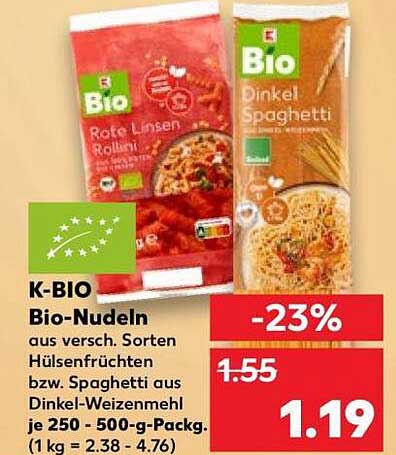 K-BIO Bio-Nudeln aus versch. Sorten Hülsenfrüchten bzw. Spaghetti aus Dinkel-Weizenmehl je 250 - 500-g-Packg. (1 kg = 2.38 - 4.76)