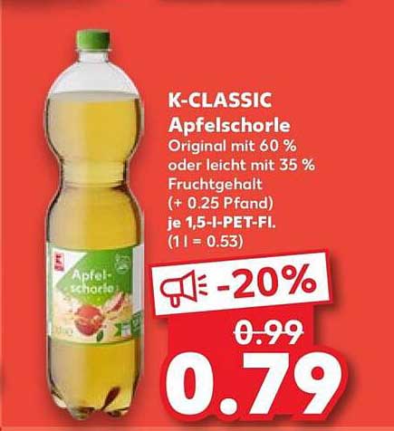 K-CLASSIC Apfelschorle Original mit 60 % oder leicht mit 35 % Fruchtgehalt (+ 0.25 Pfand) je 1,5-l-PET-Fl. (1 l = 0.53)