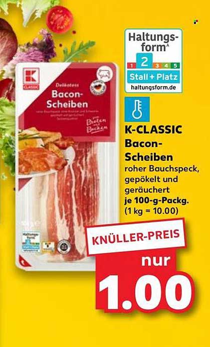 K-CLASSIC Bacon-Scheiben roher Bauchspeck, gepökelt und geräuchert je 100-g-Packg. (1 kg = 10.00)