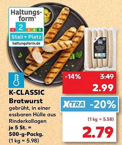 K-CLASSIC Bratwurst gebrüht, in einer essbaren Hülle aus Rinderkollagen je 5 St. = 500-g-Packg. (1 kg = 5.98)
