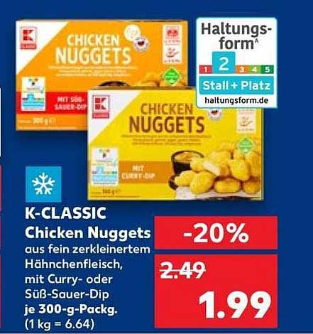 K-CLASSIC Chicken Nuggets aus fein zerkleinertem Hähnchenfleisch, mit Curry- oder Süß-Sauer-Dip, je 300-g-Packg. (1 kg = 6.64)