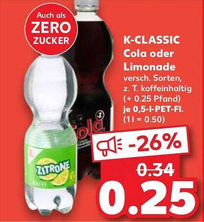K-CLASSIC Cola oder Limonade versch. Sorten, z. T. koffeinhaltig (+ 0.25 Pfand) je 0,5-l-PET-FL. (1 l = 0.50)