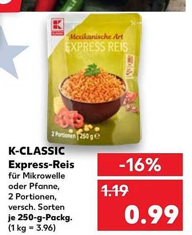 K-CLASSIC Express-Reis für Mikrowelle oder Pfanne, 2 Portionen, versch. Sorten, je 250-g-Packg. (1 kg = 3.96)