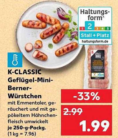 K-CLASSIC Geflügel-Mini-Berner-Würstchen mit Emmentaler, geräuchert und mit gepökeltem Hähnchenfleisch umwickelt je 250-g-Pack. (1 kg = 7.96)