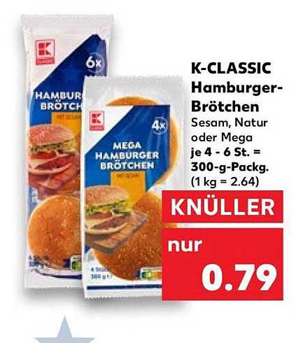 K-CLASSIC Hamburger-Brötchen Sesam, Natur oder Mega je 4 - 6 St. = 300-g-Packg. (1 kg = 2.64)
