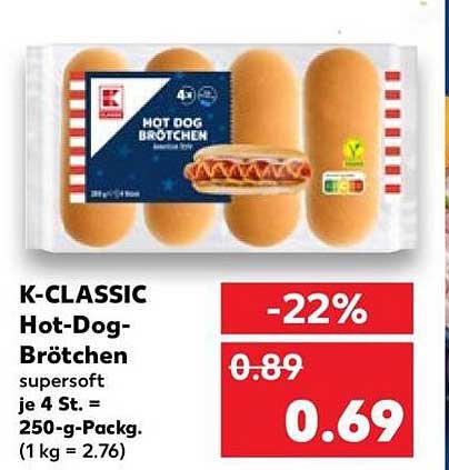 K-CLASSIC Hot-Dog-Brötchen supersoft je 4 St. = 250-g-Packg. (1 kg = 2.76)