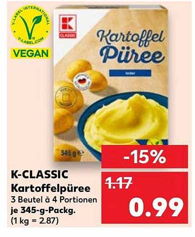 K-CLASSIC Kartoffelpüree 3 Beutel à 4 Portionen je 345-g-Packg. (1 kg = 2.87)