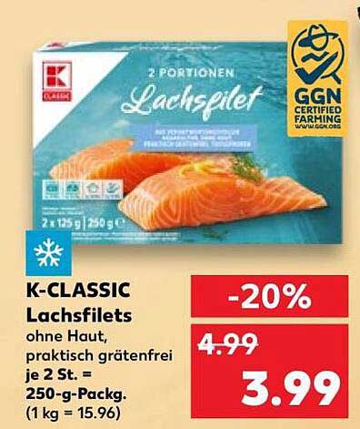 K-CLASSIC Lachsfilets ohne Haut, praktisch grätenfrei je 2 St. = 250-g-Pack. (1 kg = 15.96)