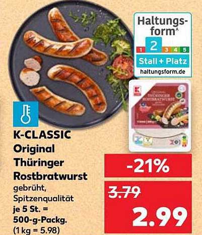 K-CLASSIC Original Thüringer Rostbratwurst gebrüht, Spitzenqualität je 5 St. = 500-g-Pack.
