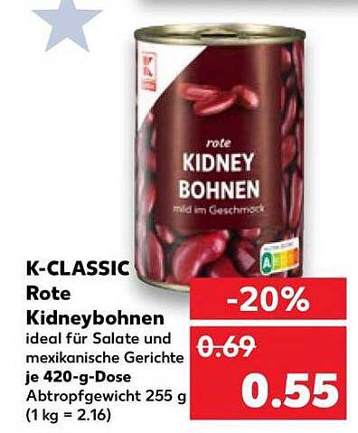 K-CLASSIC Rote Kidneybohnen ideal für Salate und mexikanische Gerichte je 420-g-Dose Abtropfgewicht 255 g (1 kg = 2.16)